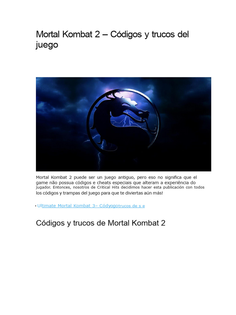 Códigos y trucos de Mortal Kombat 2 | PDF | Franquicias de videojuegos