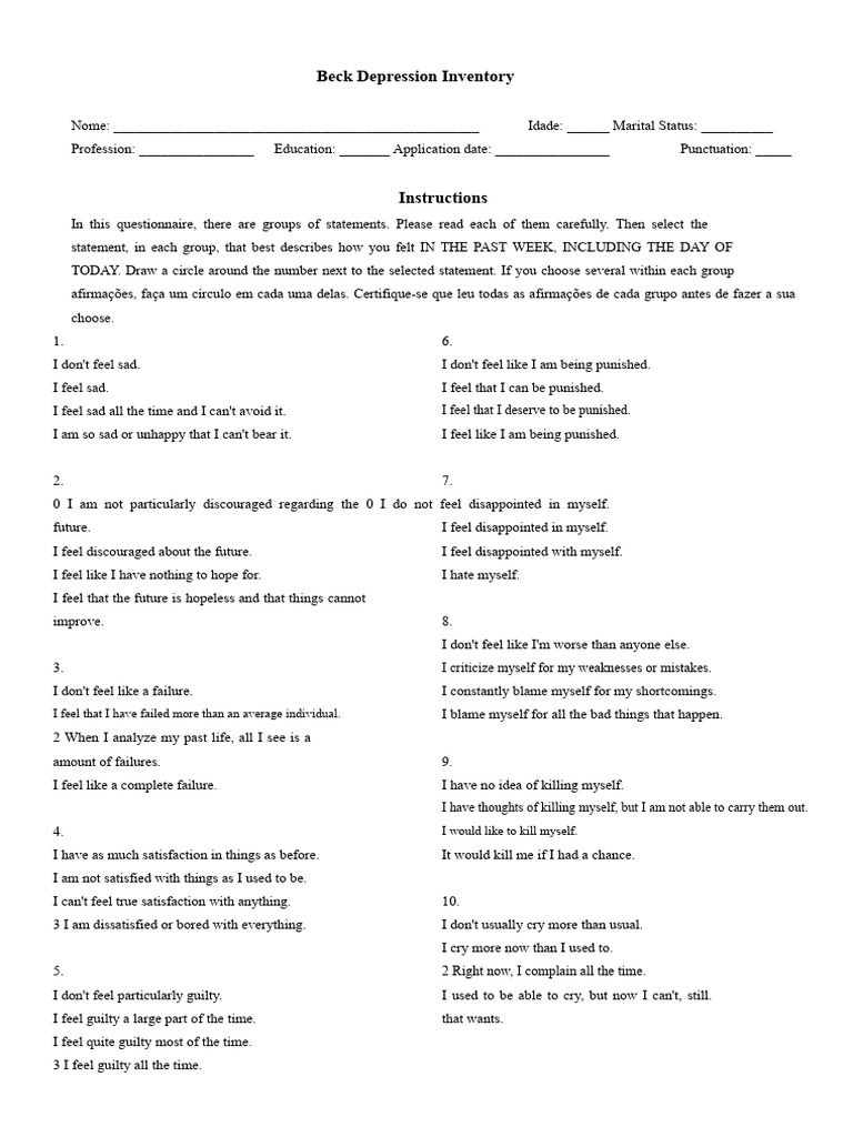 Beck Depression Inventory Questionnaire | PDF | Major Depressive ...
