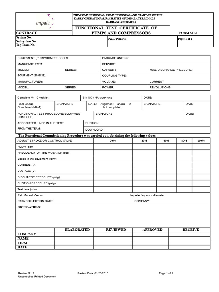 MT-1 Certificate Functional Test Pumps and Compressors | PDF | Pump ...