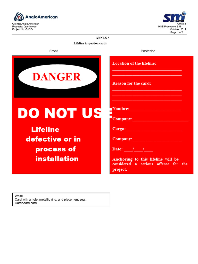 Quellaveco Lifeline Inspection Cards | PDF