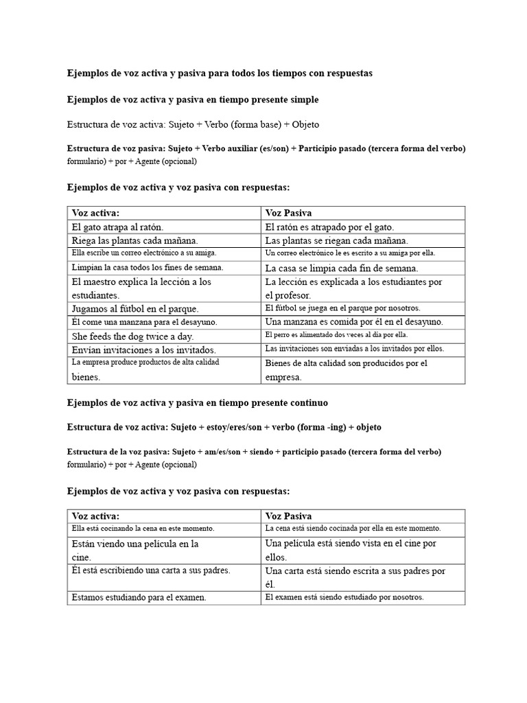 Ejemplos de Voz Activa y Pasiva en Todos los Tiempos | PDF | Verbo ...