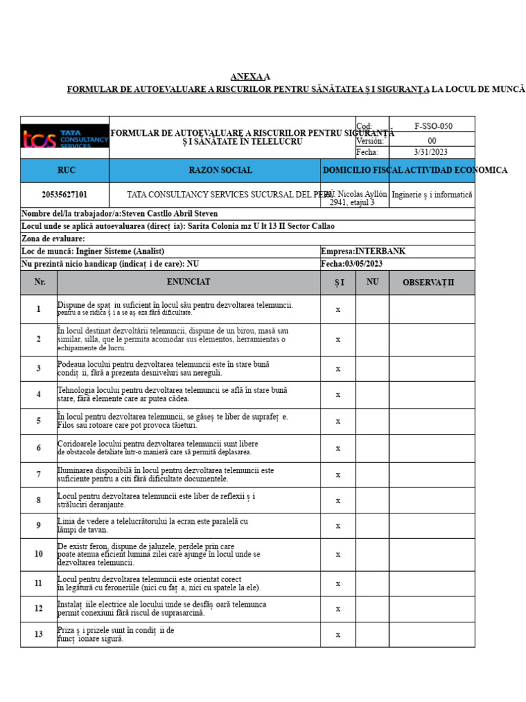 ANEX A - Formular de Autoevaluare A Riscurilor Pentru Securitate Și ...