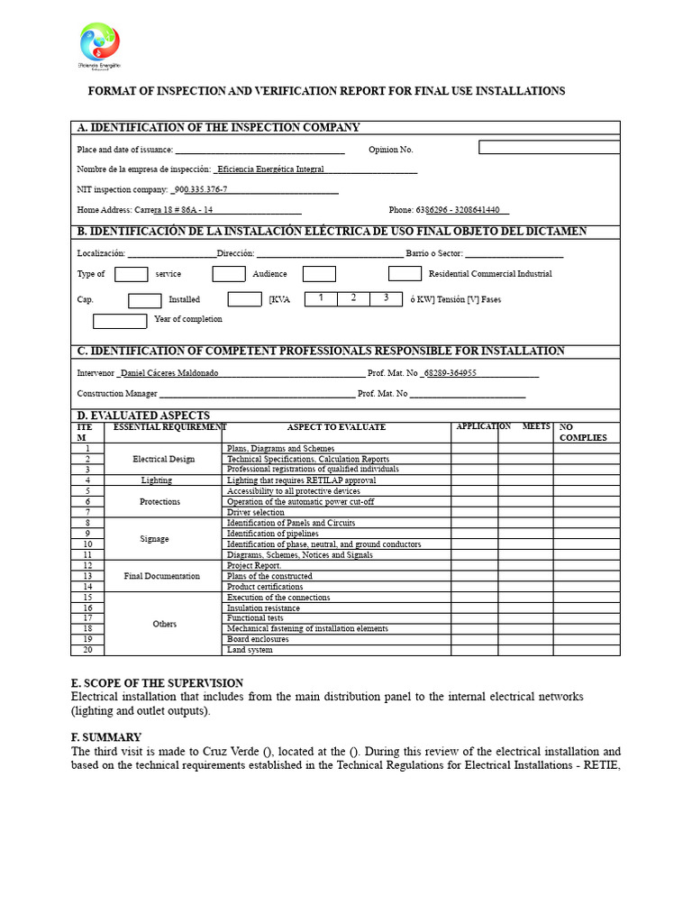 Electrical Inspection Report Format | PDF | Electrical Wiring ...