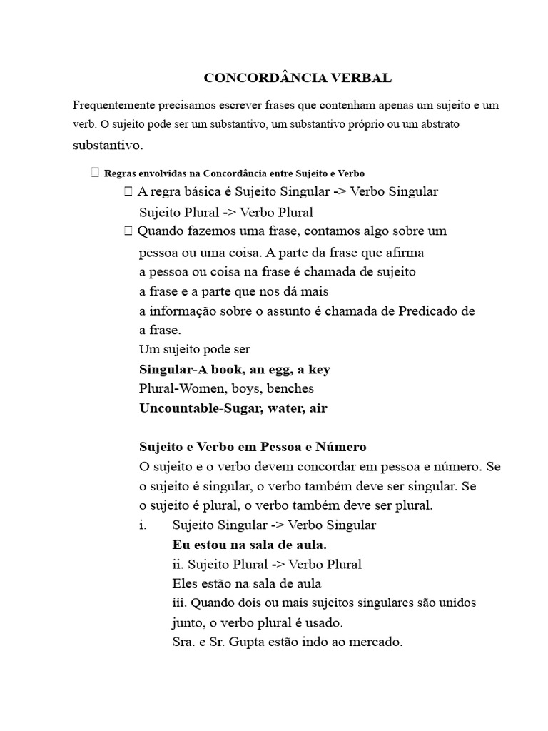 Regras de Concordância Verbal em Português | PDF | Assunto (gramática ...
