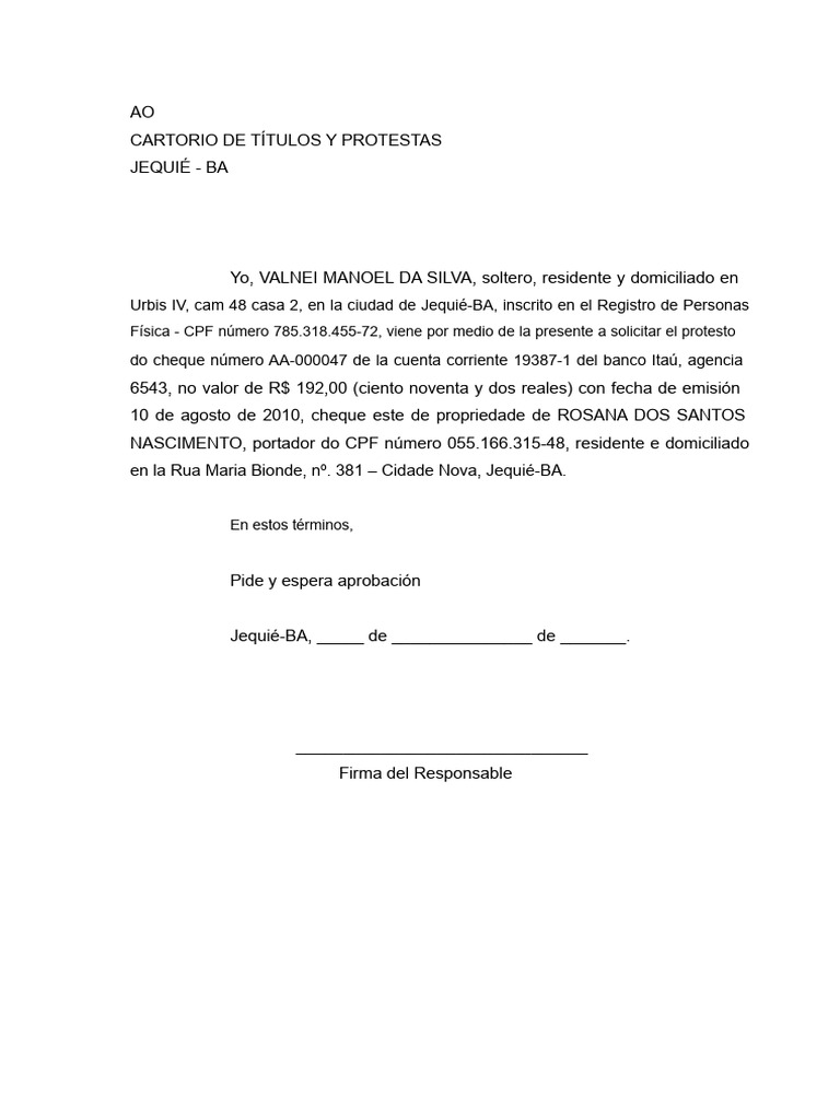 Carta Protesto de Cheque | PDF