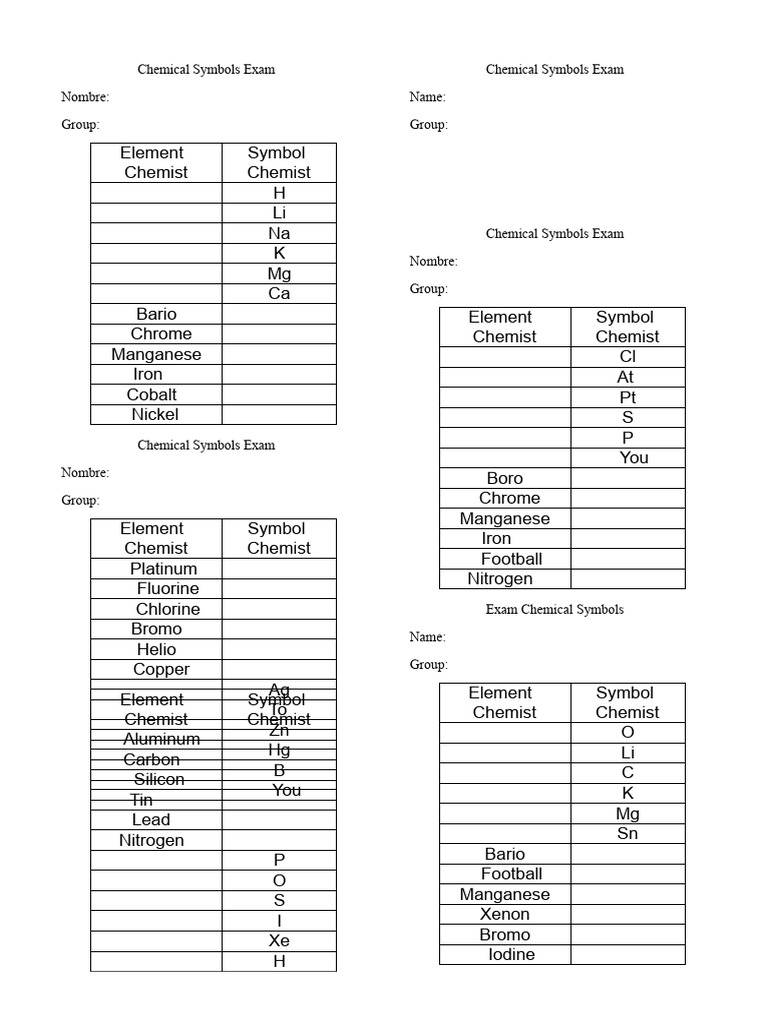 Exercises Chemical Symbols | PDF | Chemical Elements | Chlorine