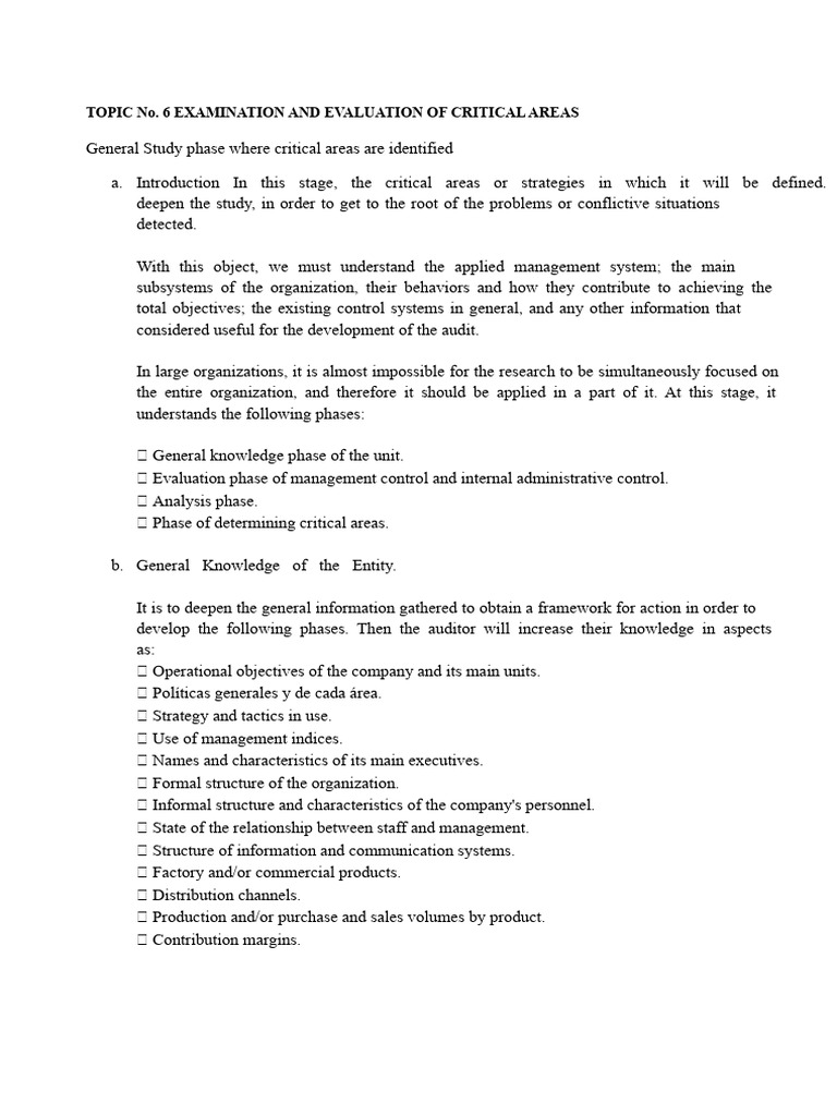 Critical Areas Evaluation in Audits | PDF | Audit | Internal Control