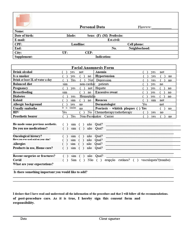 ANAMNESIS FORM Facial For Microneedling and Skin Cleansing | PDF ...