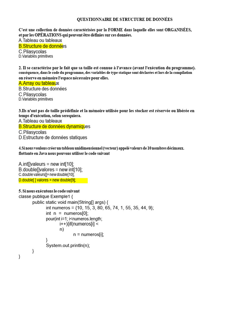Questionnaire sur les structures de données | PDF | Variable ...