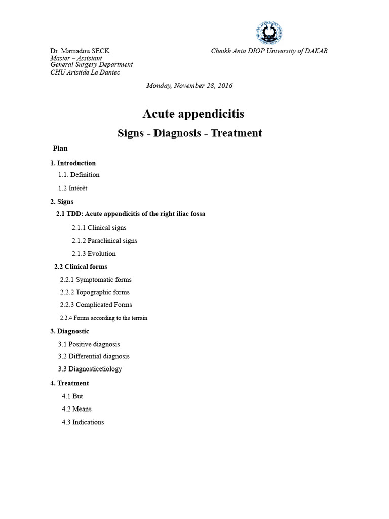 Acute Appendicitis: Signs, Diagnosis, Treatment | PDF | Medical ...