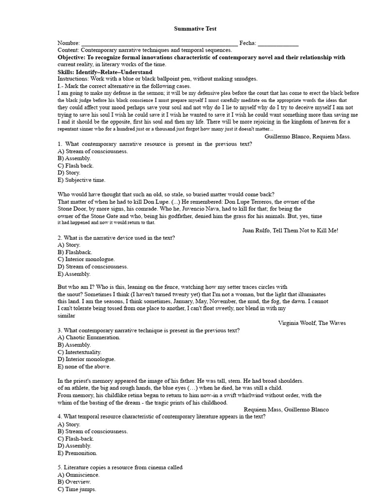 Test of Narrative Techniques | PDF | Consciousness | Narrative