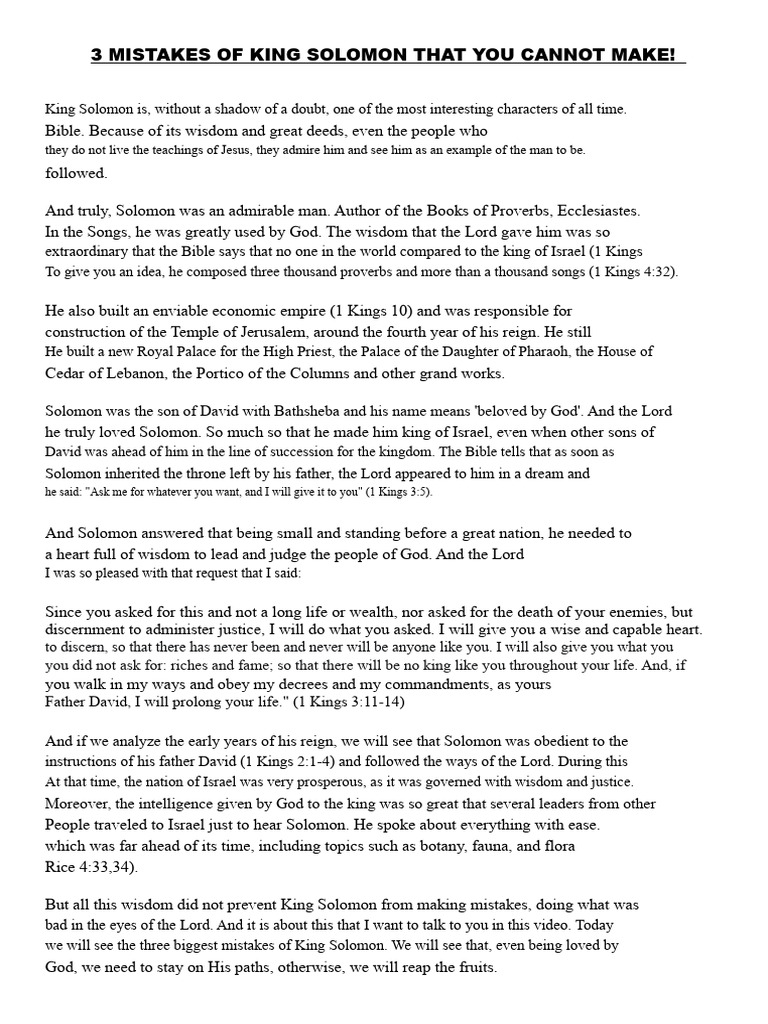 3 Mistakes of King Solomon That You Must Not Make | PDF | Solomons ...