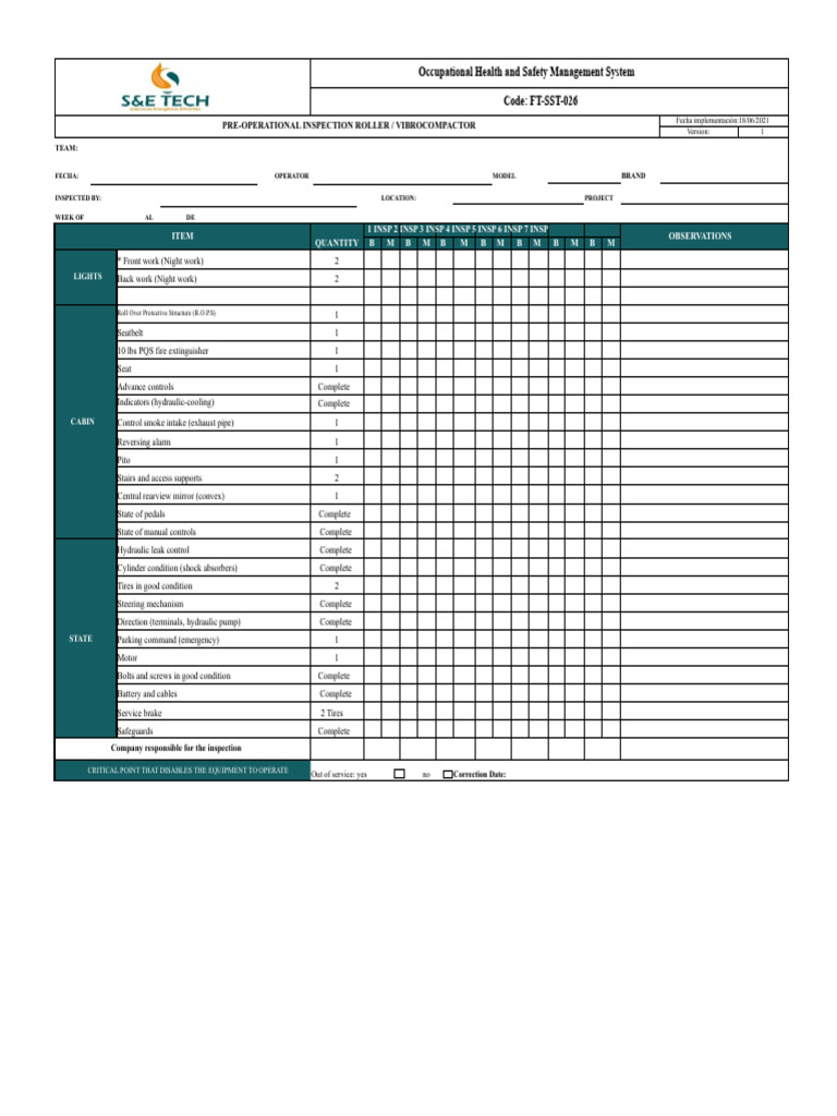 Pre-Operational Inspection Checklist for Rollers | PDF | Car ...