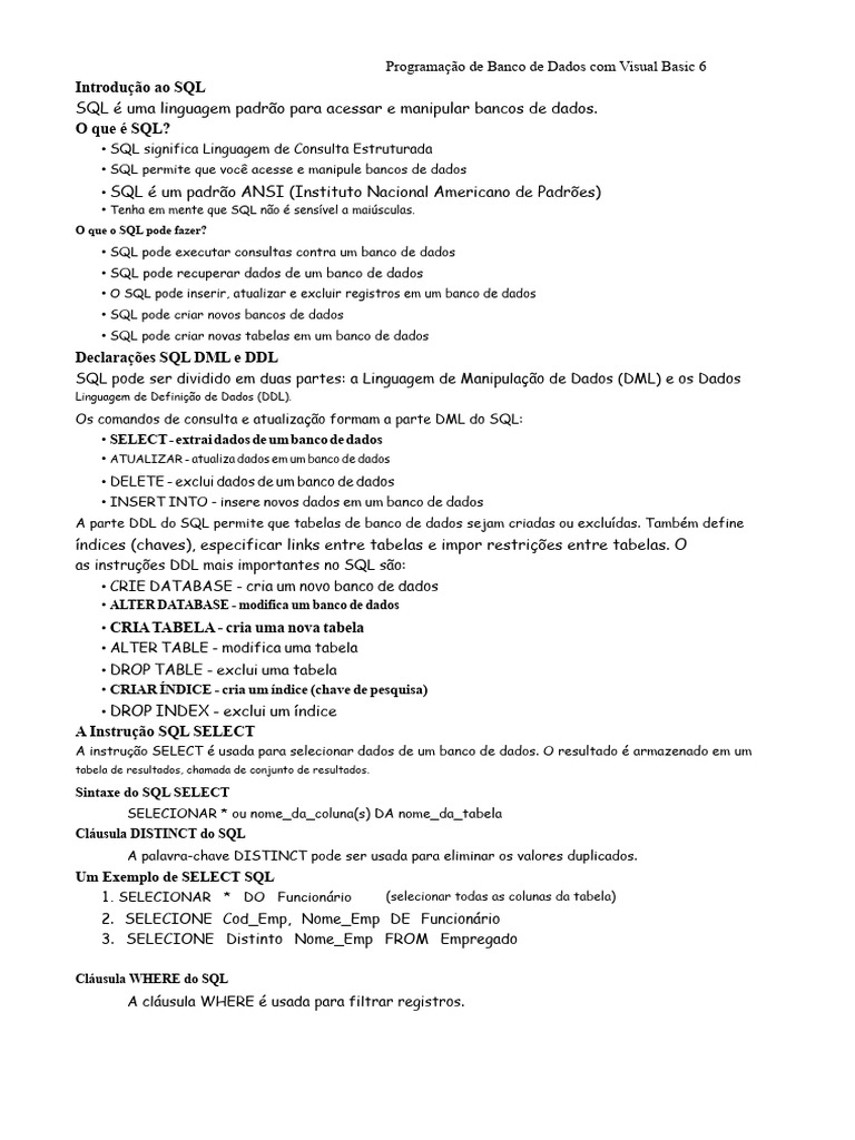 Programação SQL com Visual Basic 6 | PDF | SQL | Recuperação de informação
