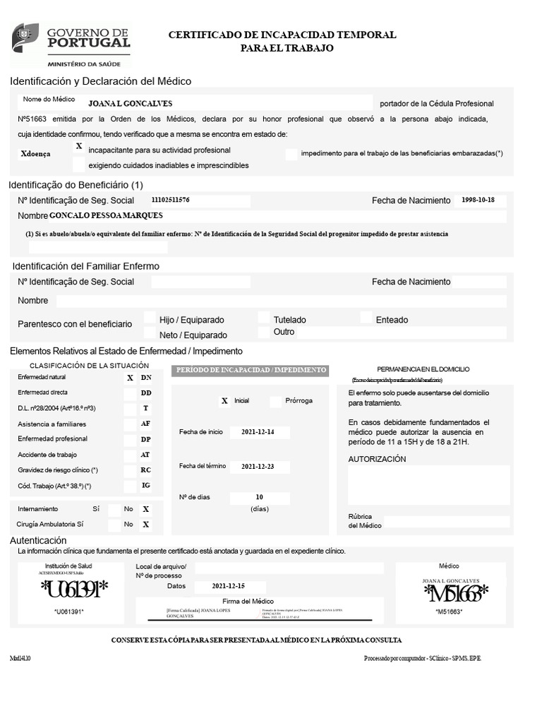 Certificado de Incapacidad Temporal | PDF | Enfermedades y trastornos ...