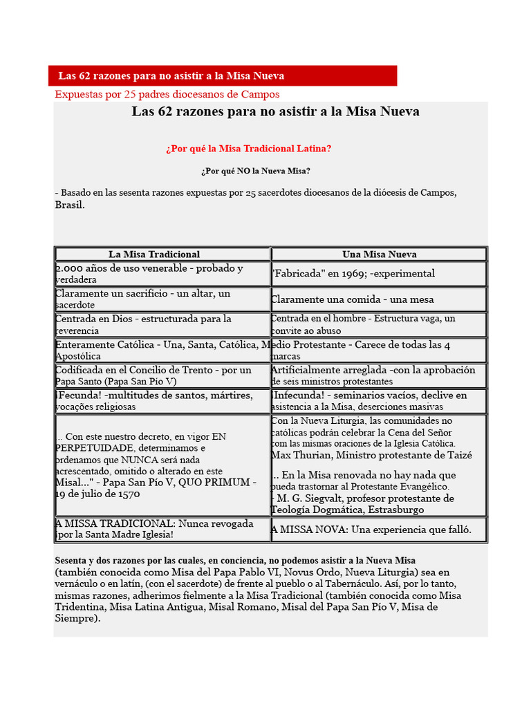 Las 62 Razones para No Asistir A La Misa Nueva | PDF | eucaristía ...