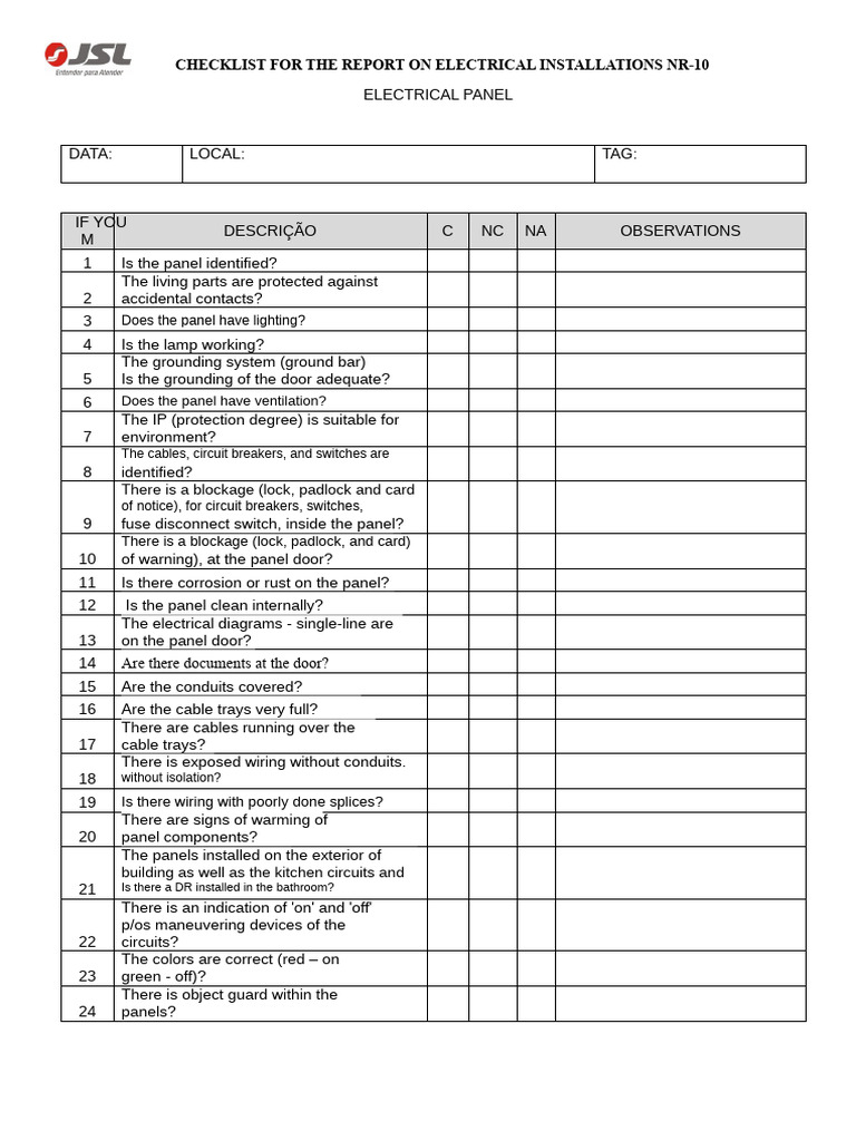 Electrical Panel Checklist NR-10 | PDF