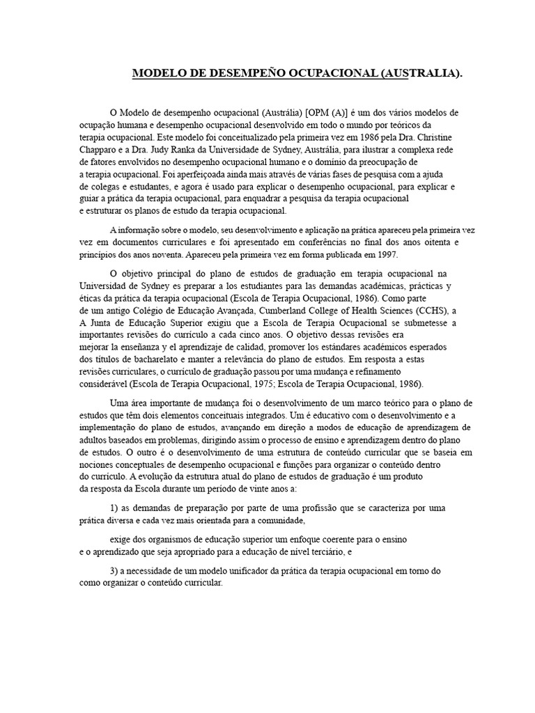 Modelo de Desempenho Ocupacional na Austrália | PDF | Aprendizado ...
