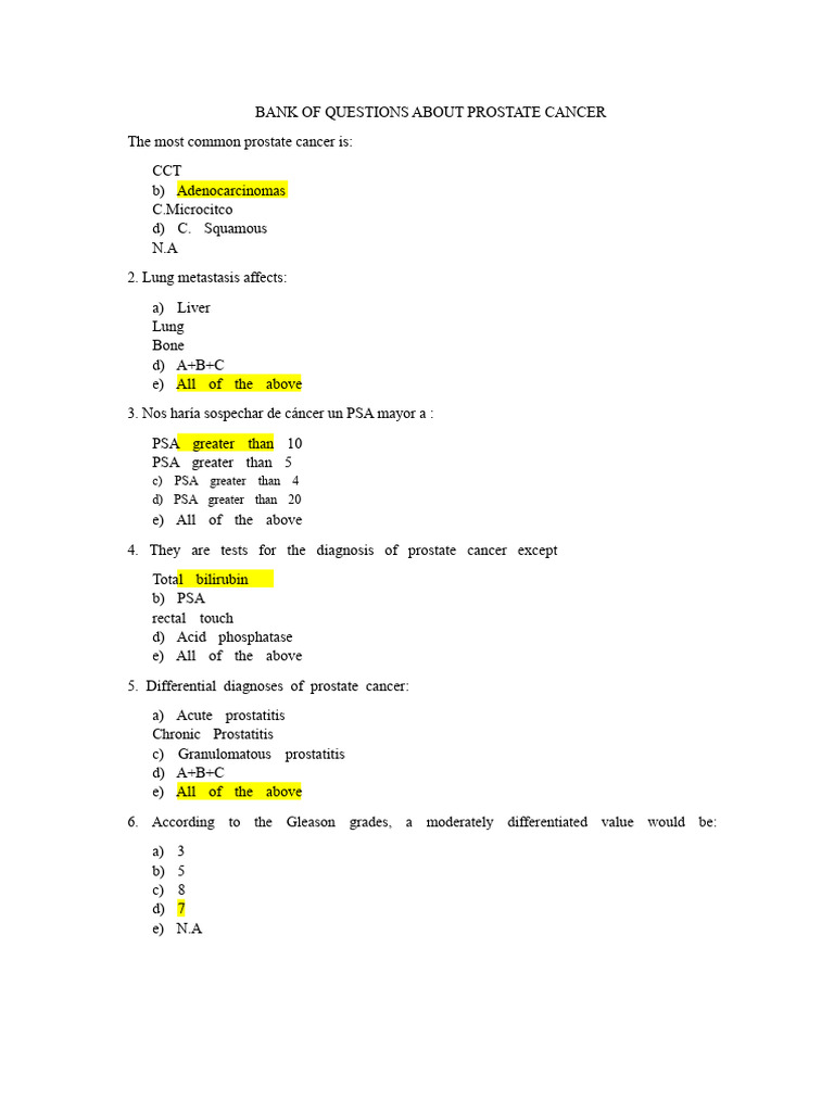 Question Bank on Prostate Carcinoma - Elmer Alejandro Campos Cueva | PDF