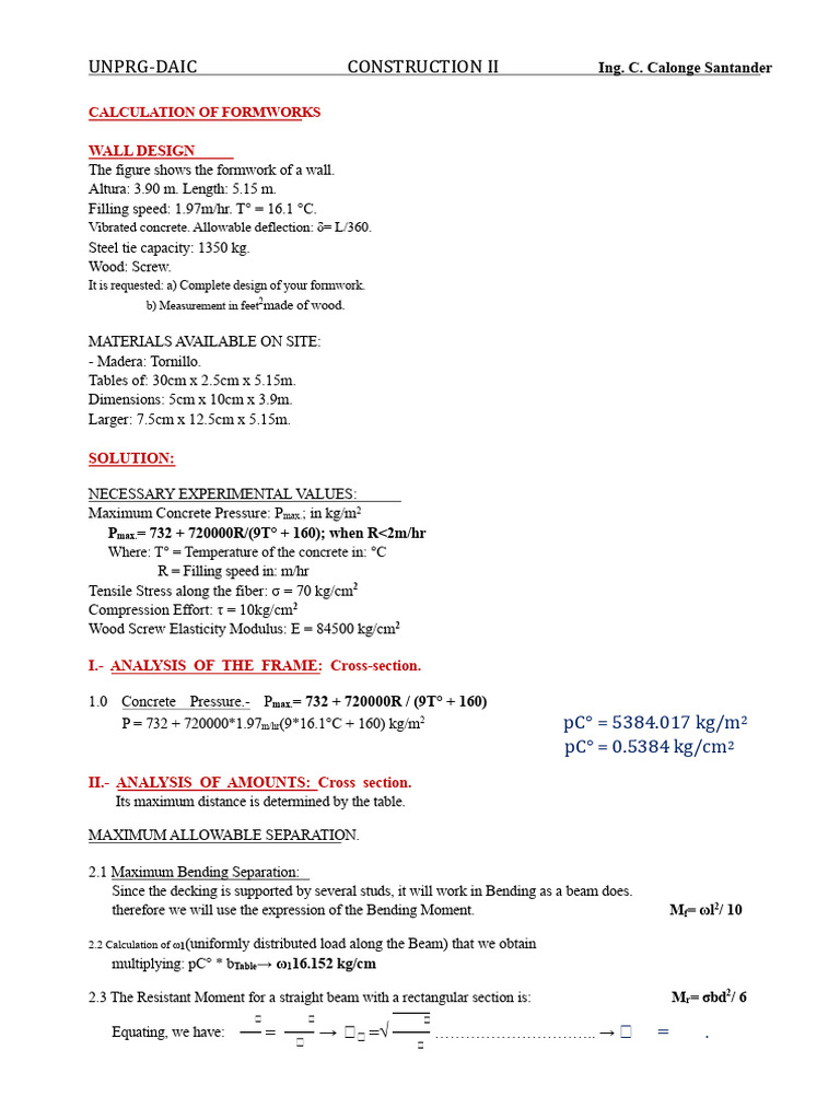 Formwork Design and Analysis for Walls | PDF | Bending | Beam (Structure)