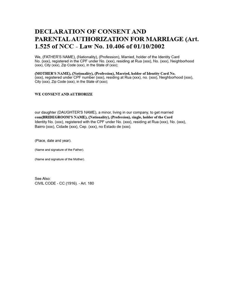 Parental Consent and Authorization For Marriage | PDF