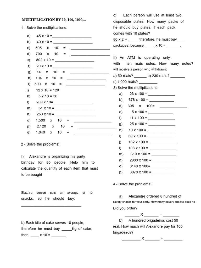 Multiplication by 10, 100, 1000 | PDF