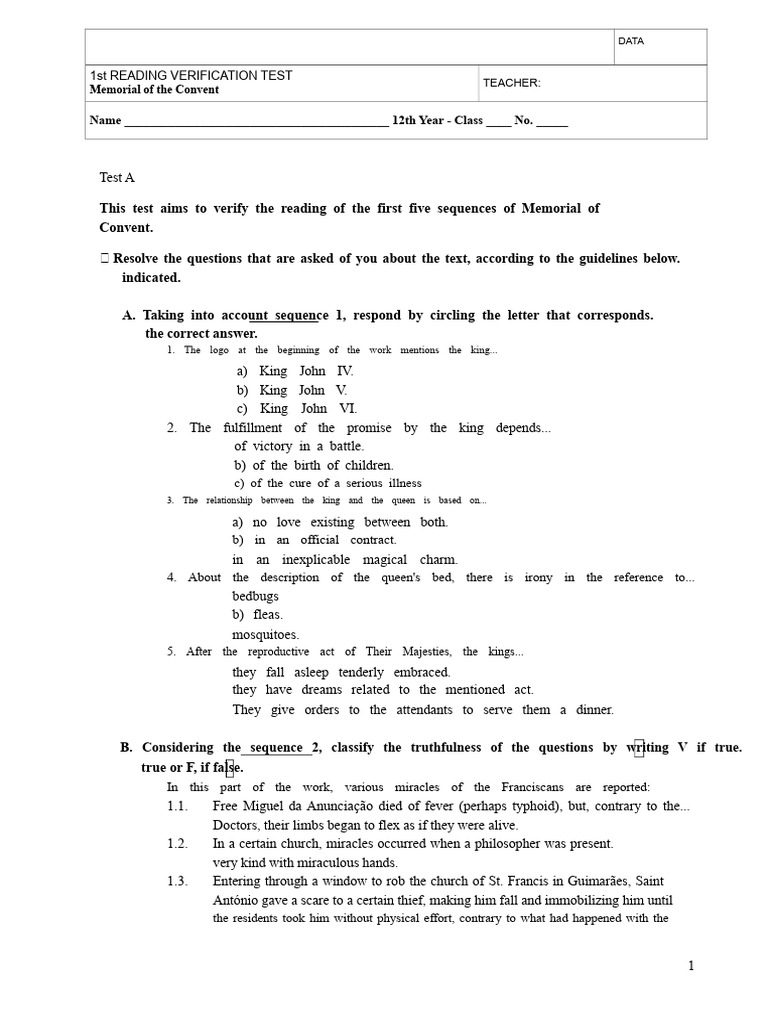 Memorial of Convent Reading Test | PDF
