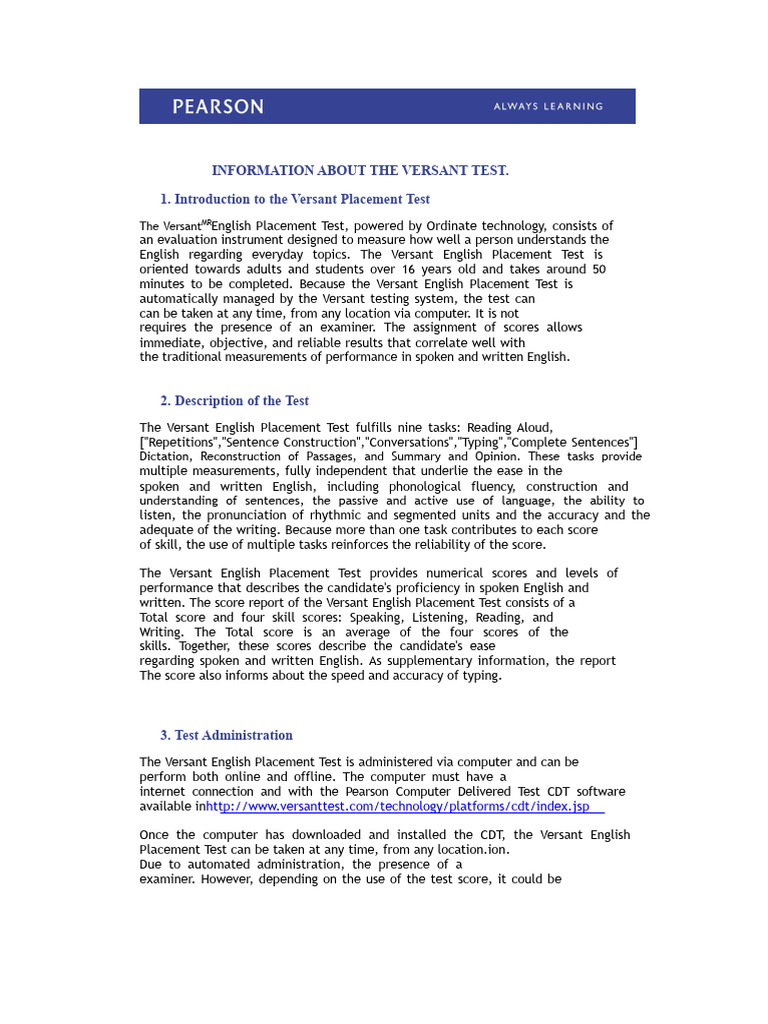 Versant English Placement Test Overview | PDF | English Language | Phrase