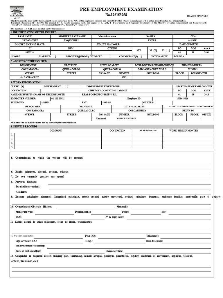 Pre-Employment Health Examination Form | PDF | Physical Examination ...