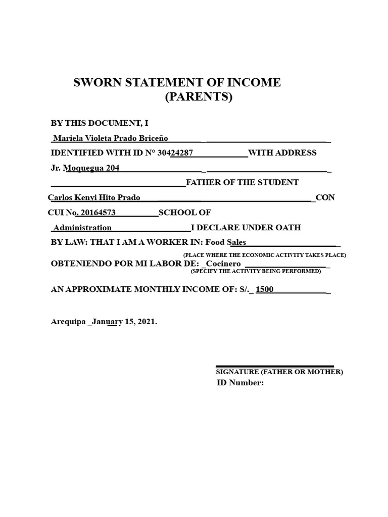 Sworn Income Statement for Parents | PDF