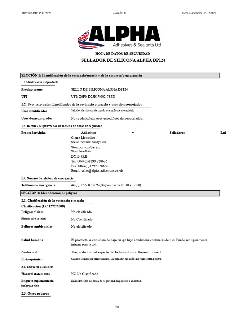 Hoja de Seguridad: Sellador Silicona Alpha DP124 | PDF | Toxicidad ...