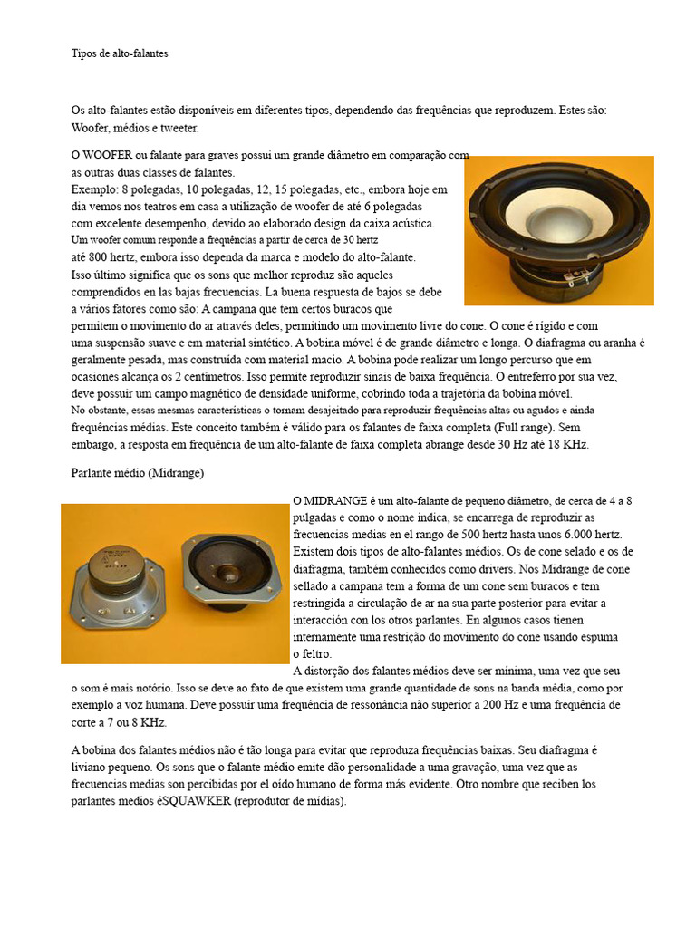 Tipos de Alto-Falantes: Woofer, Midrange e Tweeter | PDF | Alto-falante ...