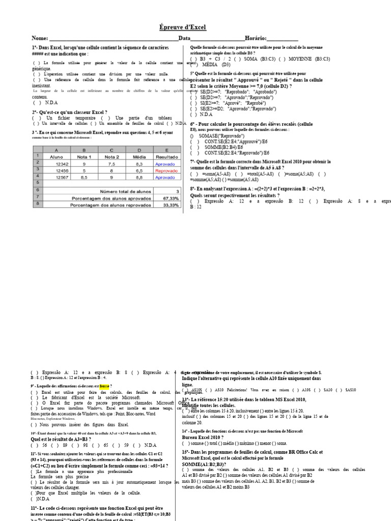 Questions sur les formules Excel | PDF | Microsoft Excel | Feuille de ...