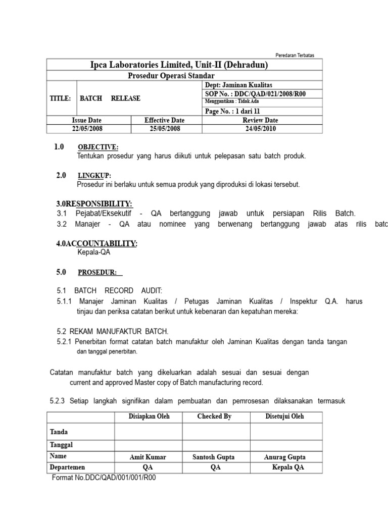 Prosedur Rilis Batch Produk QA | PDF