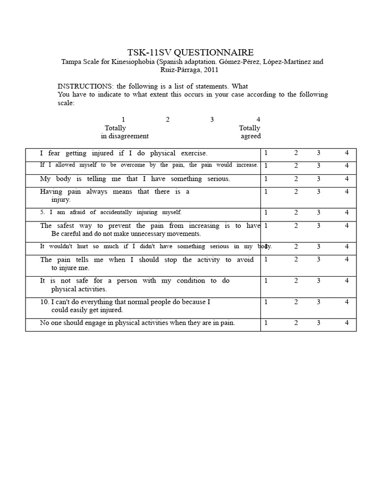 TSK-11SV Kinesiophobia Questionnaire | PDF