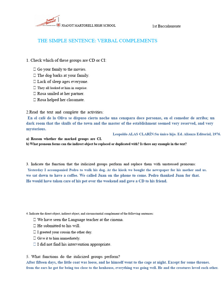 Complementary Verbal Exercises. | PDF | Verb | Subject (Grammar)