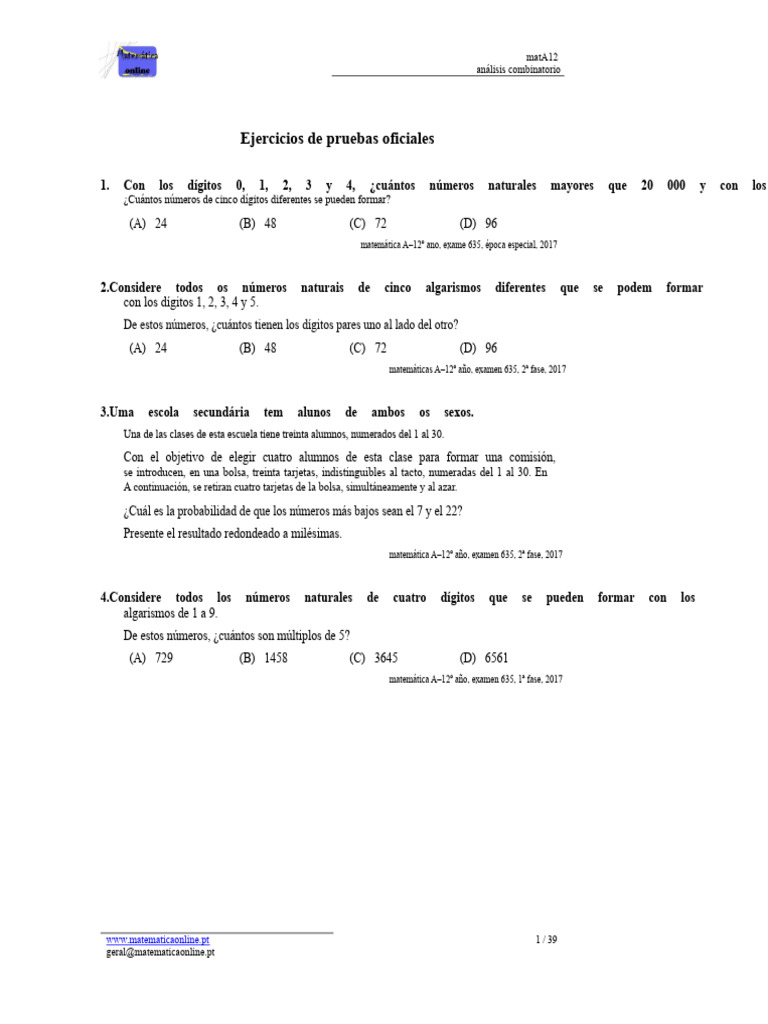 Ejercicios de Análisis Combinatorio A-12 | PDF | Combinatoria ...