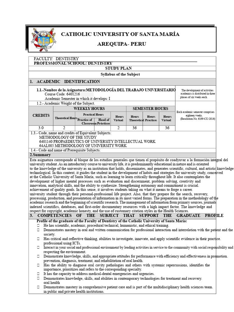 SYLLABUS 2020-1 Methodology of University Work Clemencia DENTISTRY (1 ...
