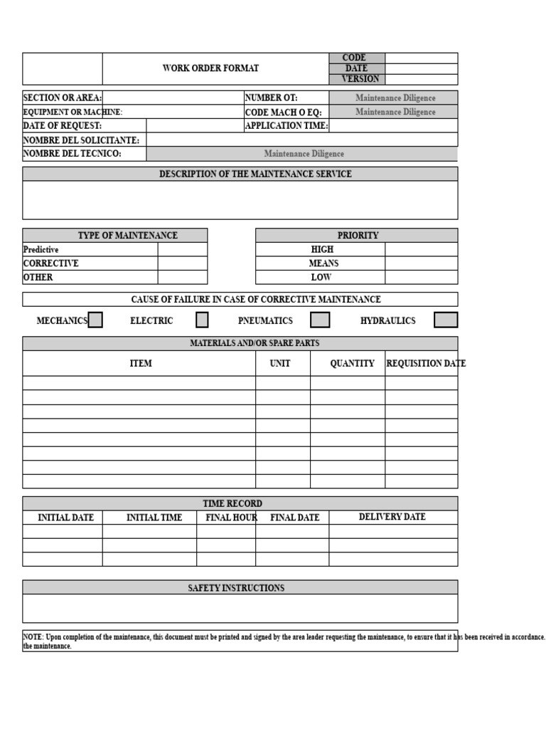 Maintenance Work Order Format | PDF
