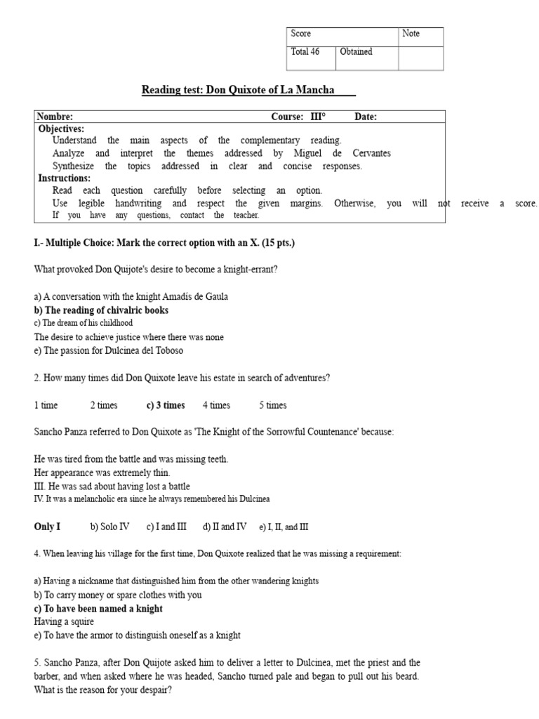 Don Quixote Reading Test Questions | PDF | Don Quixote | Spanish Novels