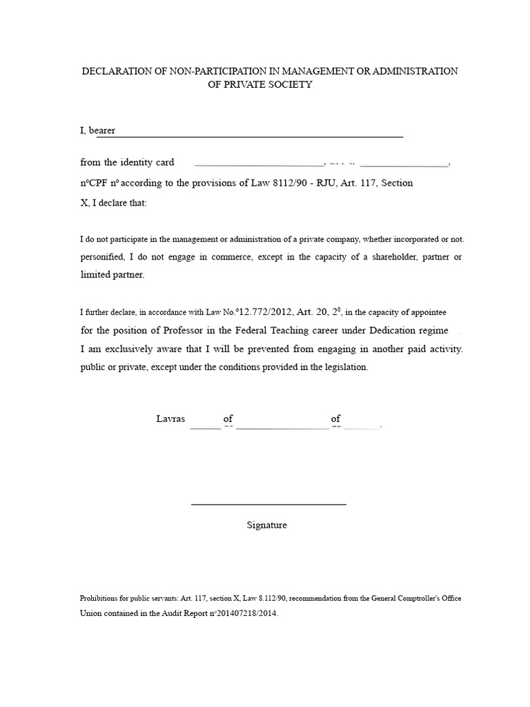 DECLARATION OF NON-PARTICIPATION IN THE MANAGEMENT OR ADMINISTRATION OF ...