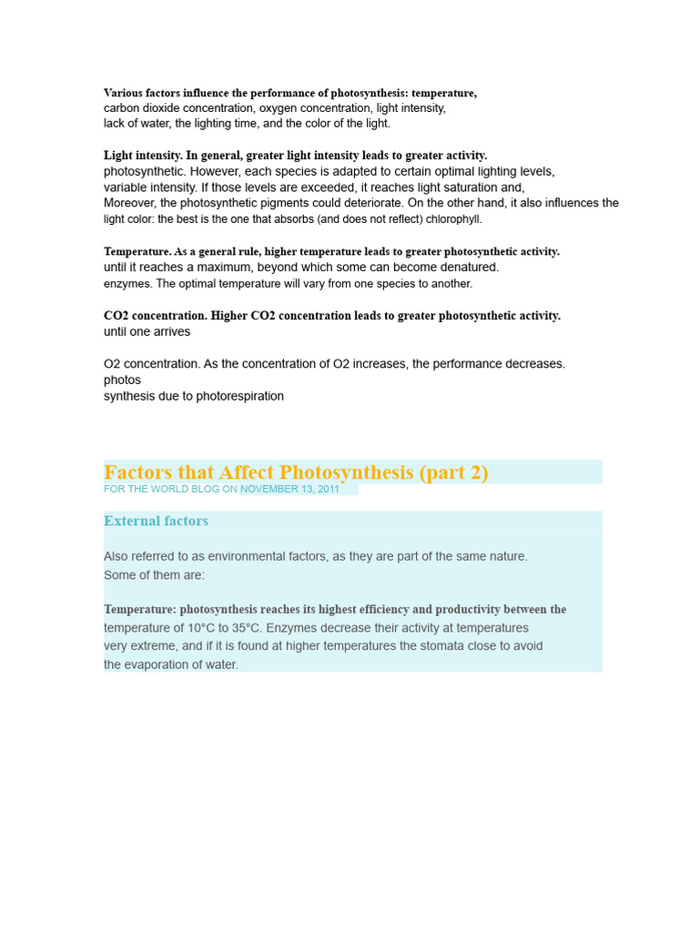 Factors That Affect Photosynthesis | PDF | Photosynthesis | Carbon Dioxide