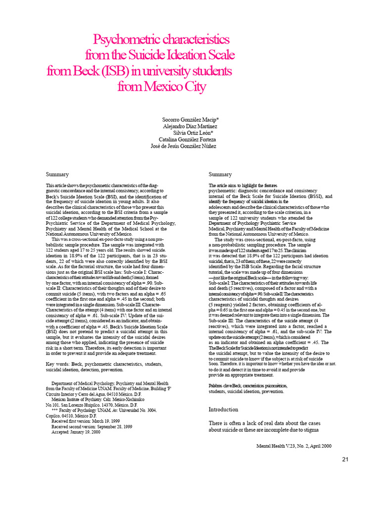 Psychometric Analysis of Suicide Ideation Scale | PDF | Suicide ...