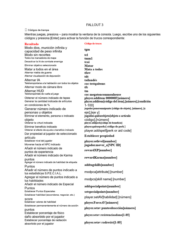 Trucos y Códigos de Fallout 3 | PDF