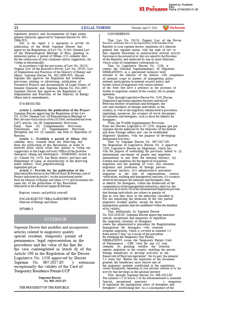 Peru Draft Decree on Paleontological Law | PDF | Decree | Identity Document