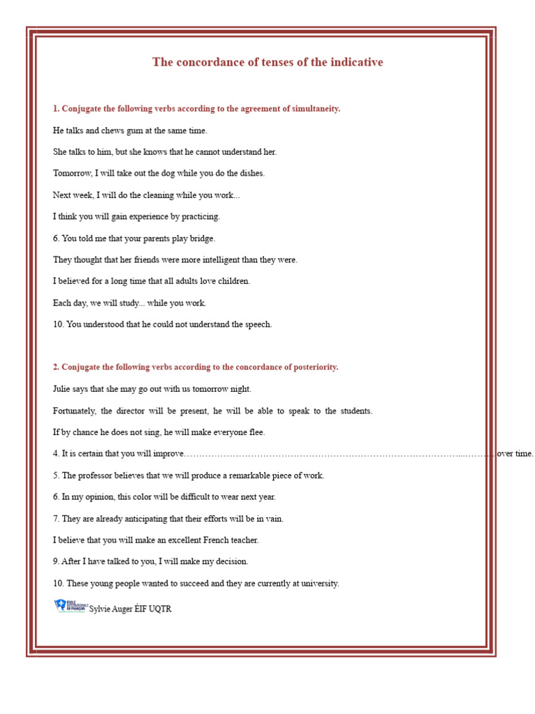 Exercises and Answers On The Concordance of Tenses of The Indicative ...
