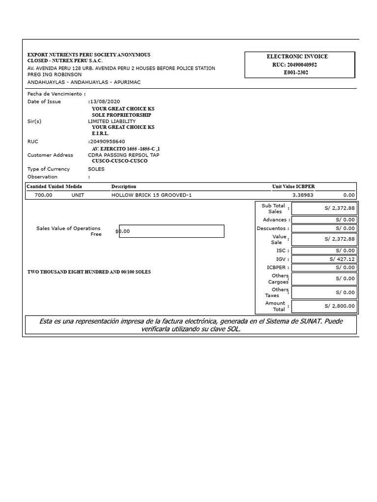 Invoice for Nutrients Export in Peru | PDF | Invoice | Business Documents
