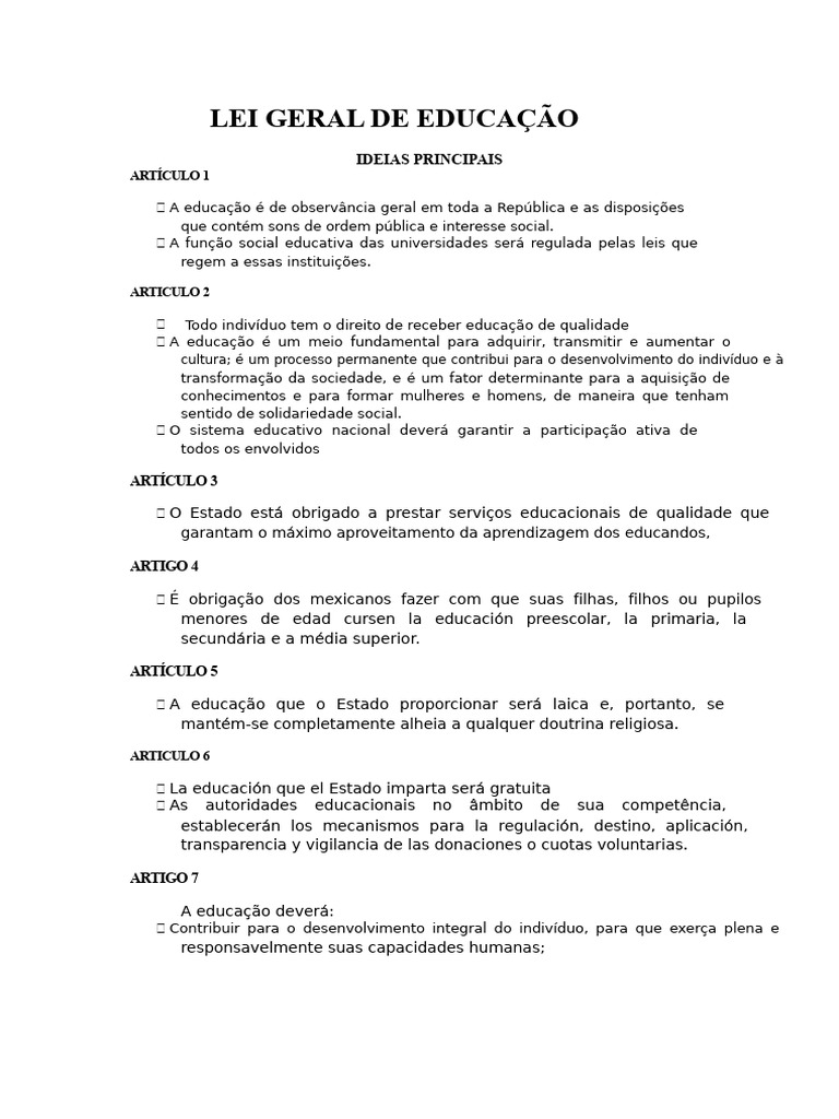 Lei Geral de Educação: Princípios e Diretrizes | PDF | Educação ...