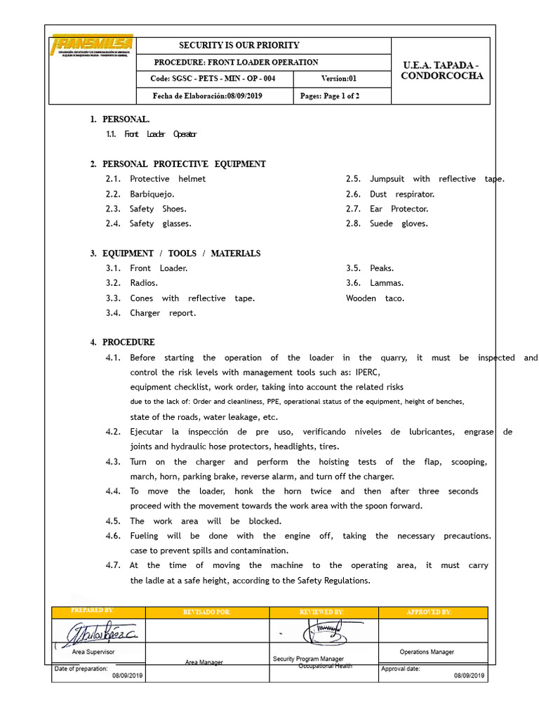 Front Loader Operation Safety Procedure | PDF | Personal Protective ...