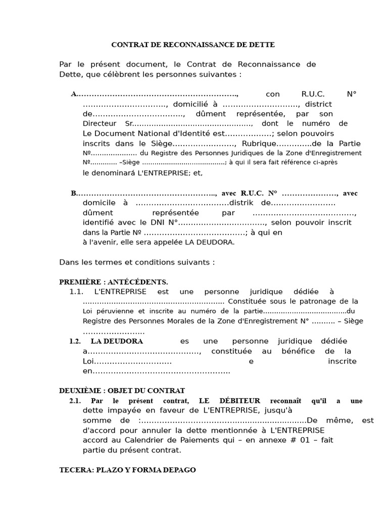 Contrat de Reconnaissance de Dette | PDF | Débiteur | Dettes